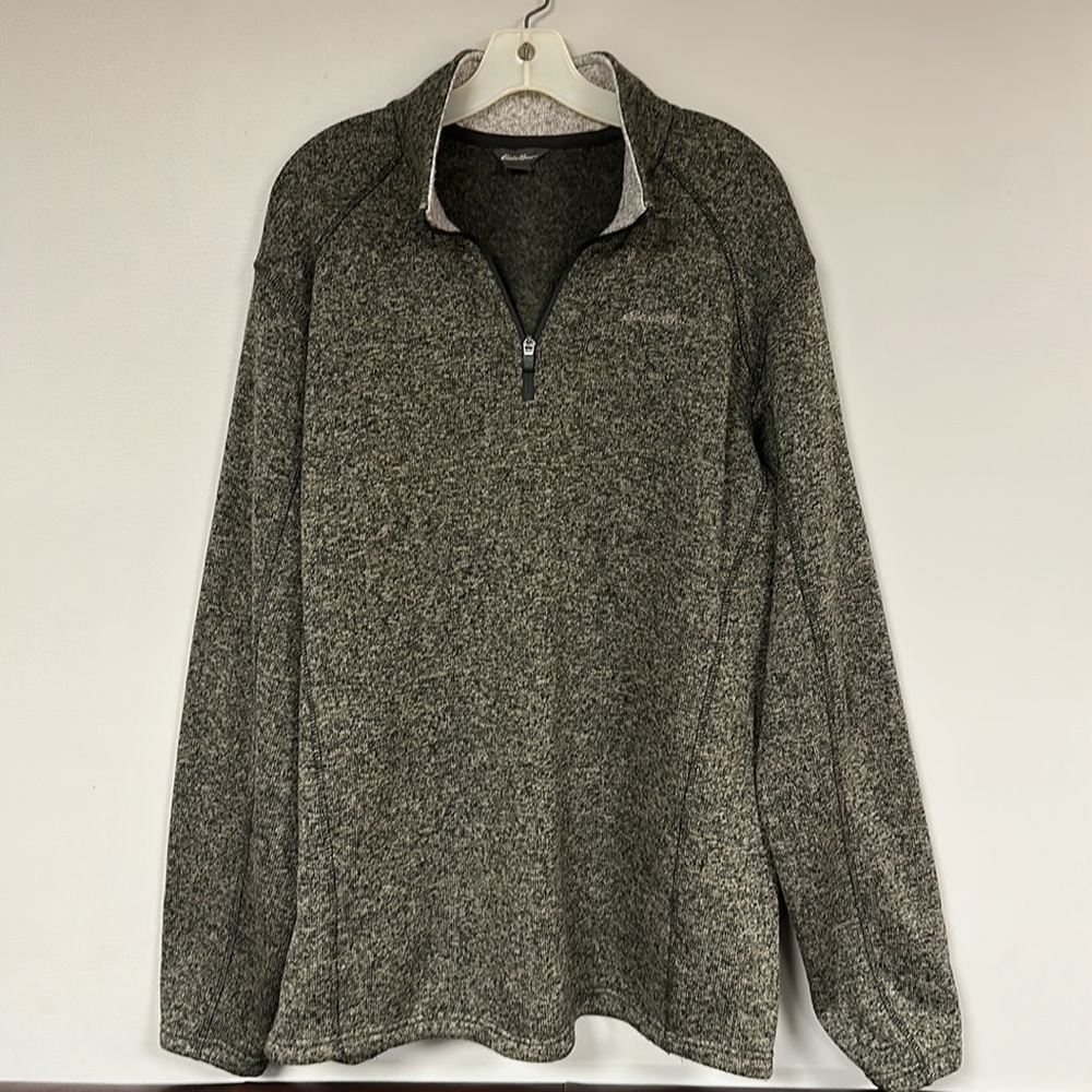 Eddie Bauer men's 1/4 zip gray/tan/black pullover sweater, inside fleece - TXL